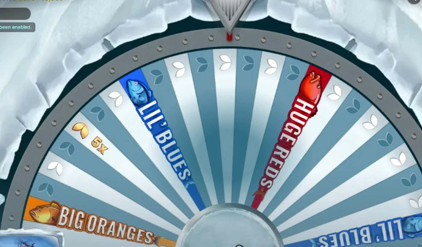 Ice Fishing Live wheel showing a 5x multiplier segment among fishing bonus labels