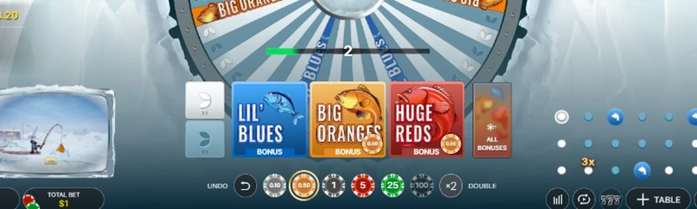 Crop of Ice Fishing Live bet controls showing bonus cards and chip strip
